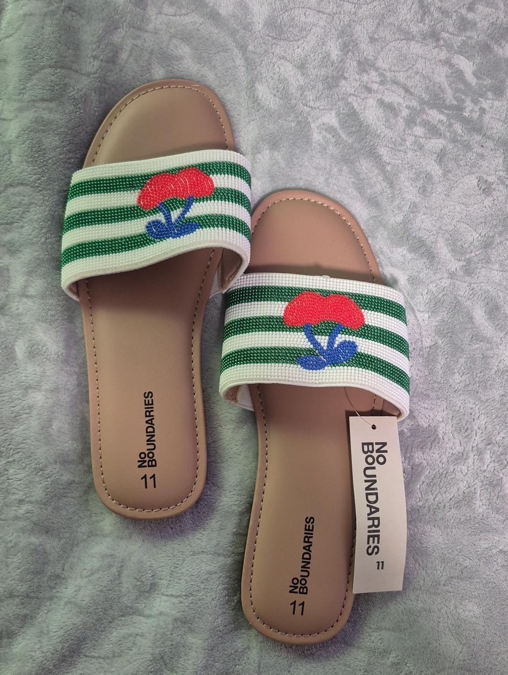 No Boundaries Women's Beaded Slide Sandals With Cherries & Stripes Sz 11